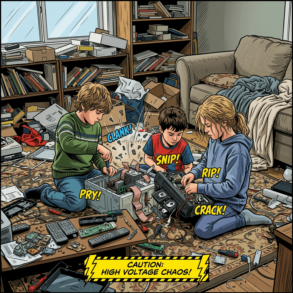 Three children sitting on a carpet surrounded by electronic parts and tools, disassembling devices